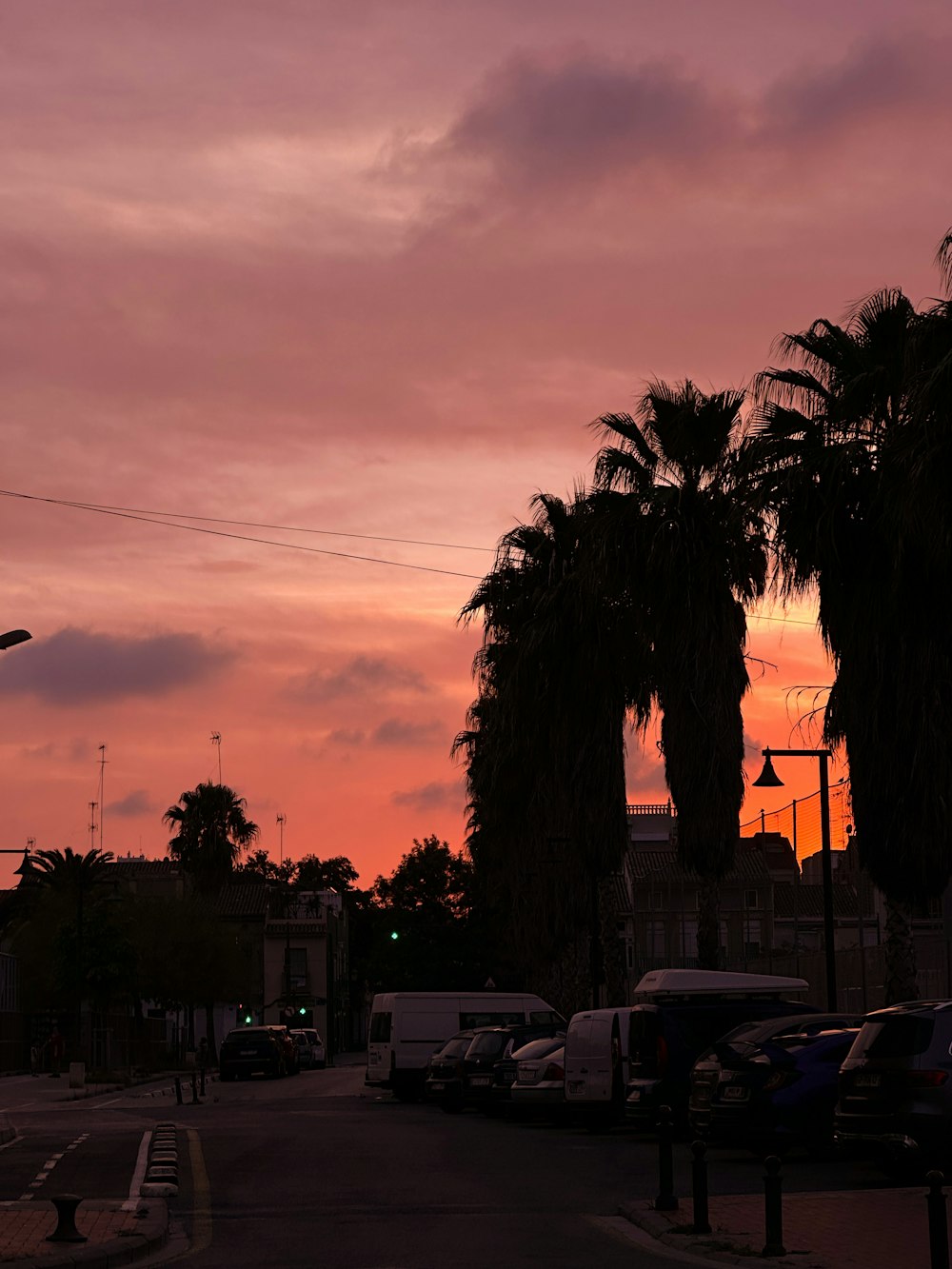 a city street with palm trees and a sunset in the background