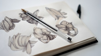 A sketchbook filled with detailed black and white pencil sketches of abstract floral designs. A pen is resting diagonally across the open pages, suggesting a moment paused in creativity. The background is minimalist, emphasizing the artwork.