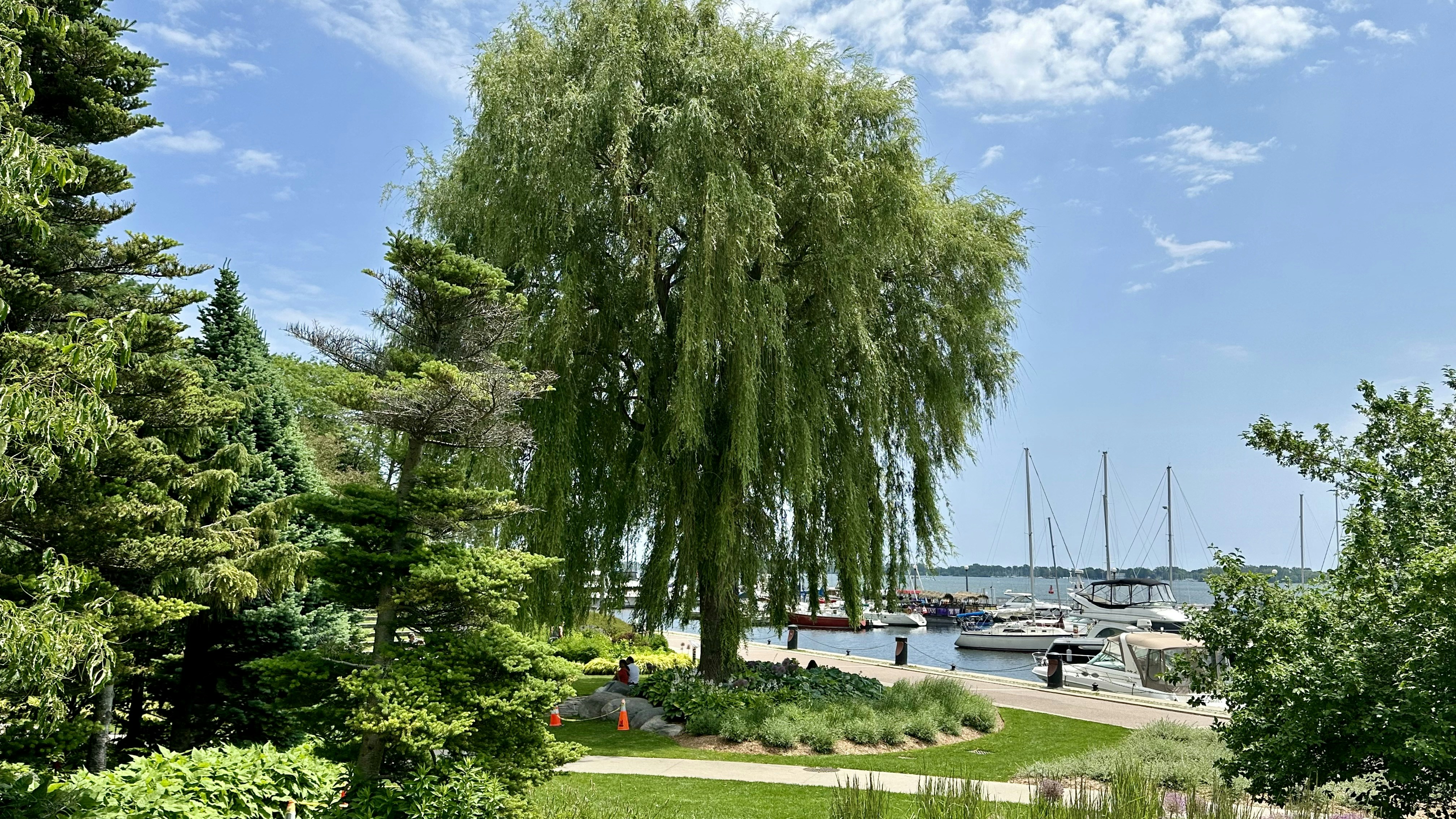 a view of a lake with boats in the water