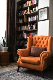 A cozy interior setting with an orange upholstered armchair featuring tufted details and a decorative pillow. Behind the chair is a tall bookshelf filled with various colorful books. A framed picture is hung on the adjacent white wall. To the side, a potted plant sits on a wooden stand, next to a dark, patterned curtain. The floor is covered with an ornate rug, completing the warm and inviting atmosphere.