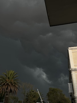 Dark storm clouds fill the sky, creating a dramatic and ominous atmosphere. A palm tree and other trees are visible against the backdrop of the looming clouds. The corner of a building is also apparent, with a flagpole nearby.