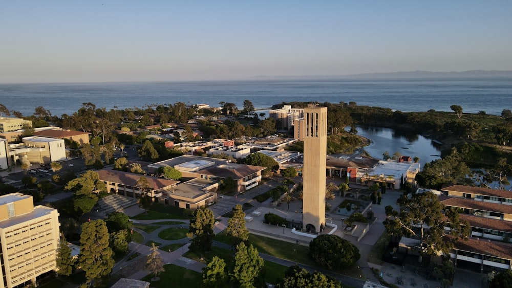 an aerial view of a city with a clock tower