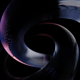 A seamless loop of a twisted, metallic structure against a dark background. The structure has a reflective surface with a gradient of colors, including shades of blue, pink, and white, creating an abstract and futuristic appearance.