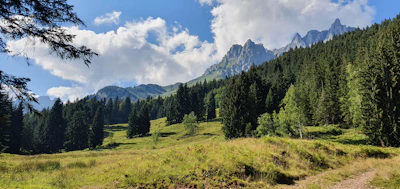Batoque and Pilar playing on a green meadow with mountains in the background.