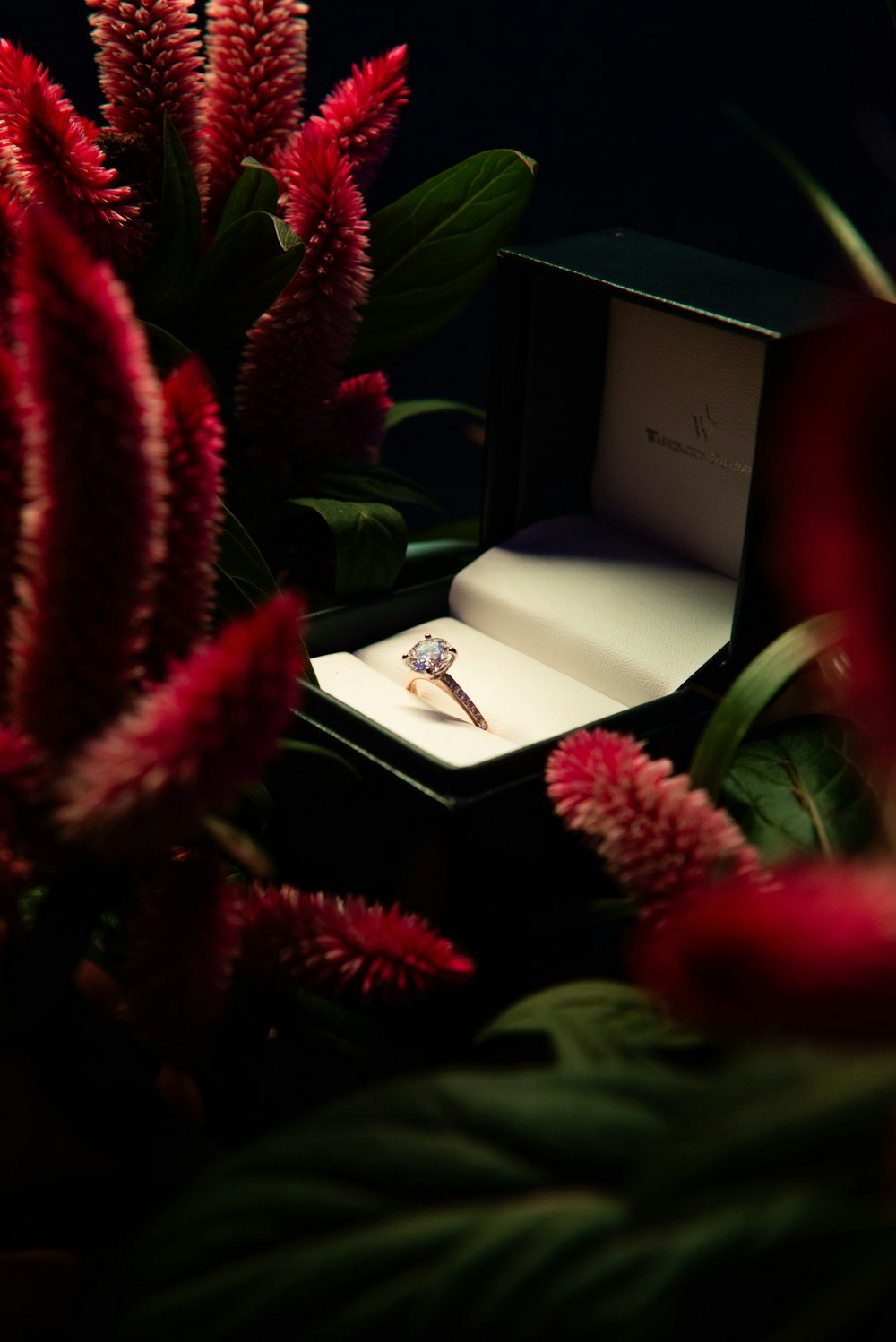 a ring sits in a box surrounded by flowers