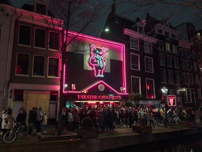 A lively urban night scene in Brussels with neon lights and nightlife.
