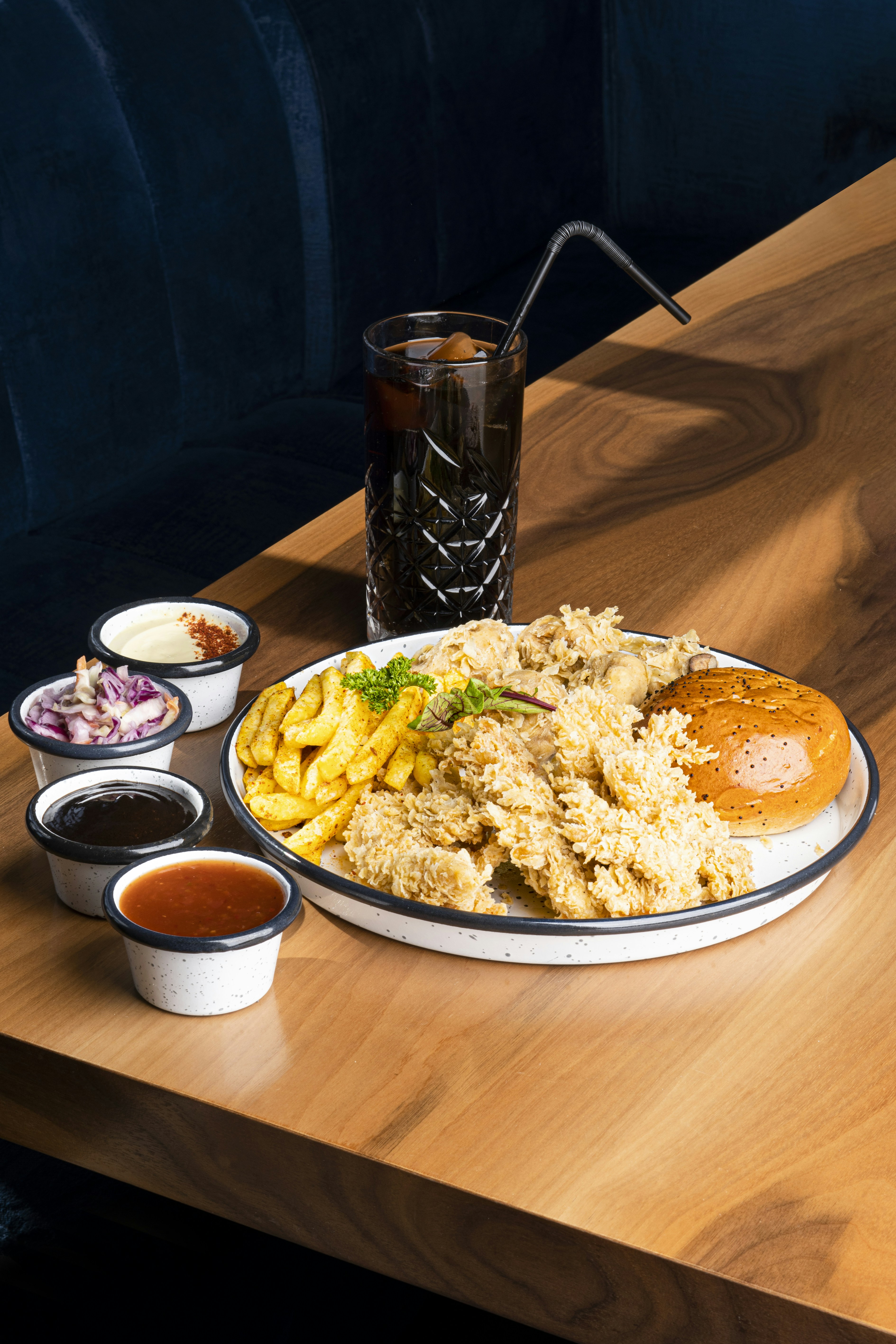 a plate of food on a wooden table