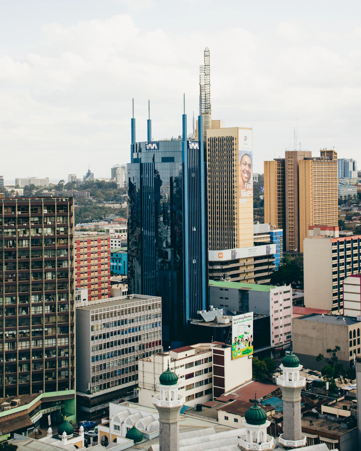 A view of a city with tall buildings