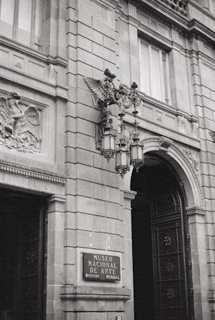 A grand architectural facade featuring intricate stonework and ornate details, including sculpted figures and decorative iron lamps. The entrance is marked with a sign for the Museo Nacional de Arte.