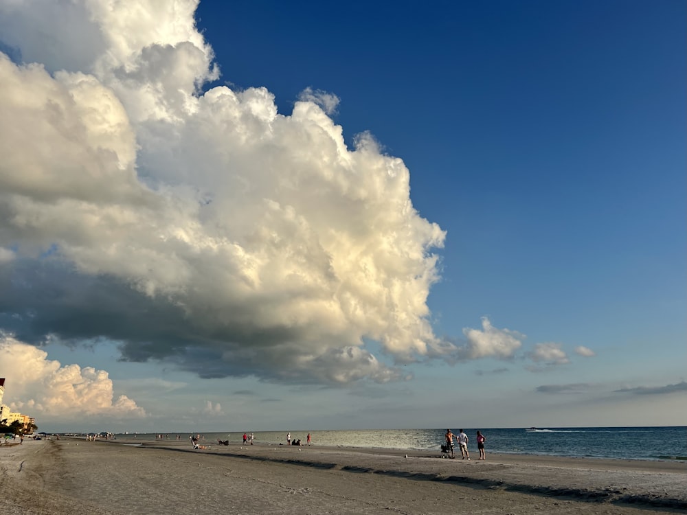 a group of people standing on top of a sandy beach