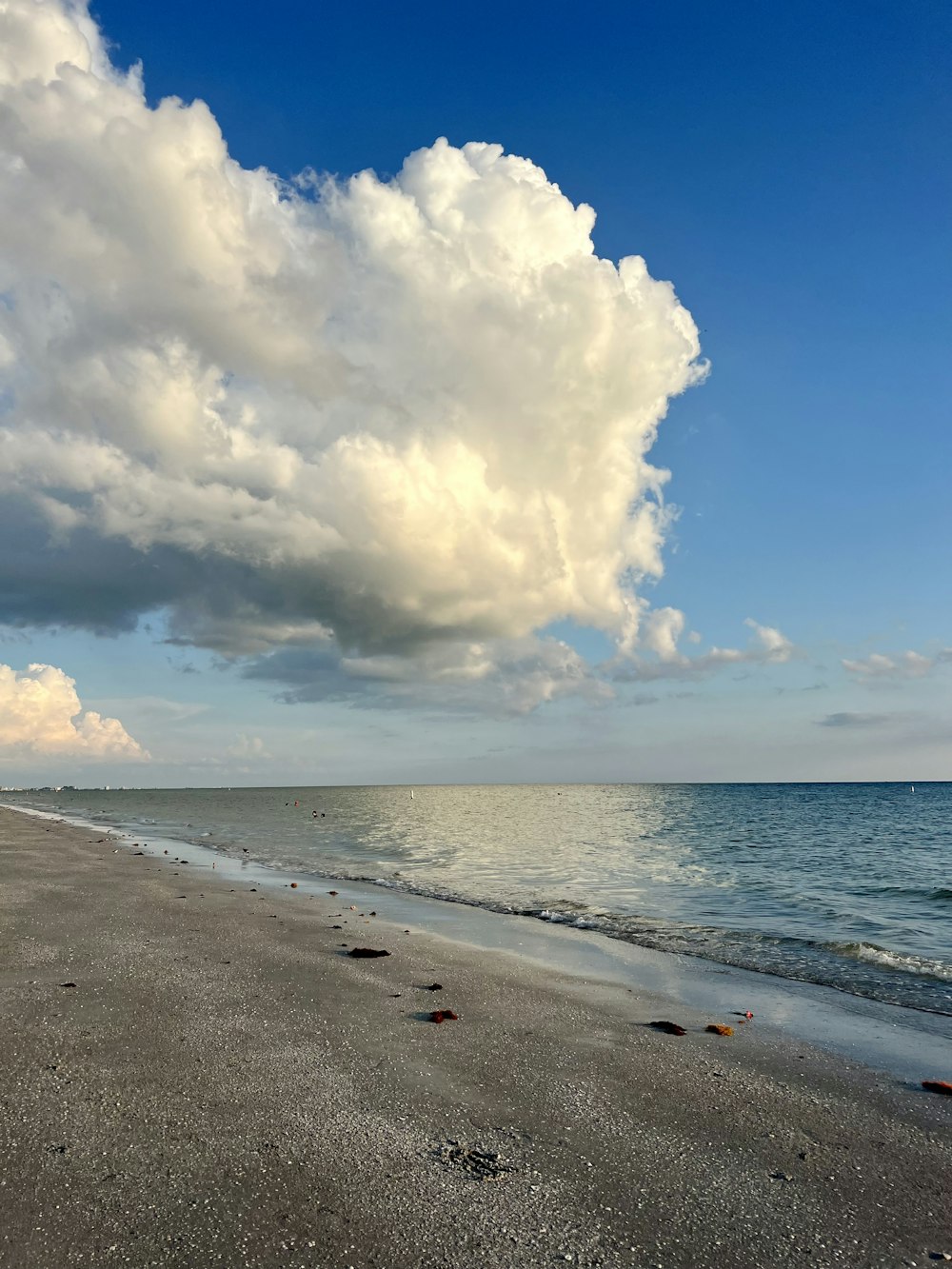 a cloudy sky over the ocean with a beach in the foreground