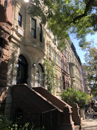 Historic brownstone buildings lining a tree-filled street in Brooklyn.