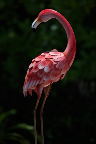 A vibrant pink flamingo sculpture glowing softly under warm evening lights.