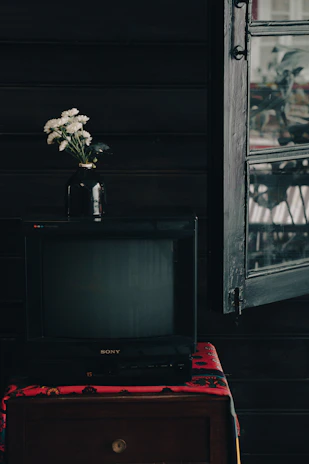 A vintage television sits atop a small wooden cabinet covered with a red cloth. A black vase holding white flowers is placed on the TV. An open window on one side allows soft light to spill into the dark room, casting shadows on the wooden walls.