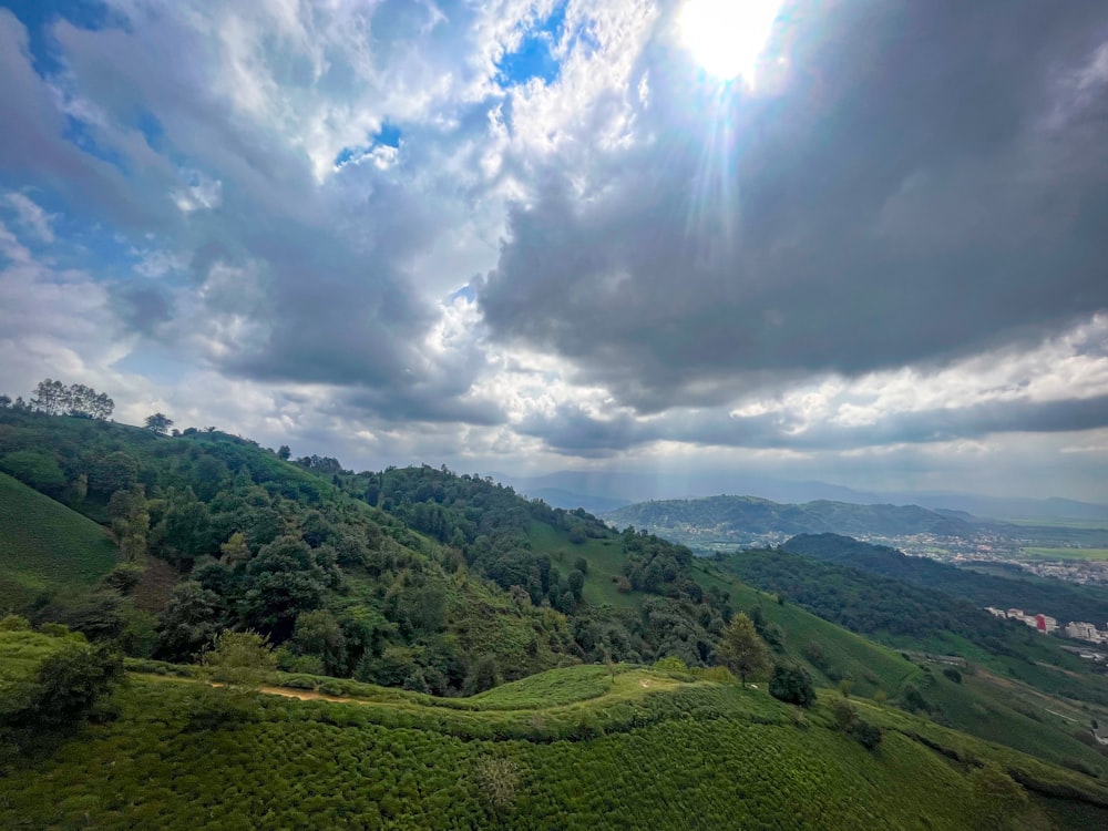 a view of a lush green hillside under a cloudy sky