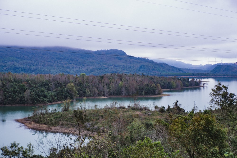 a body of water surrounded by trees and mountains