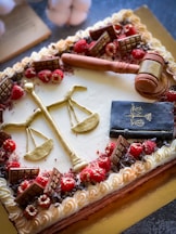 a cake decorated with a scale of justice and a law book