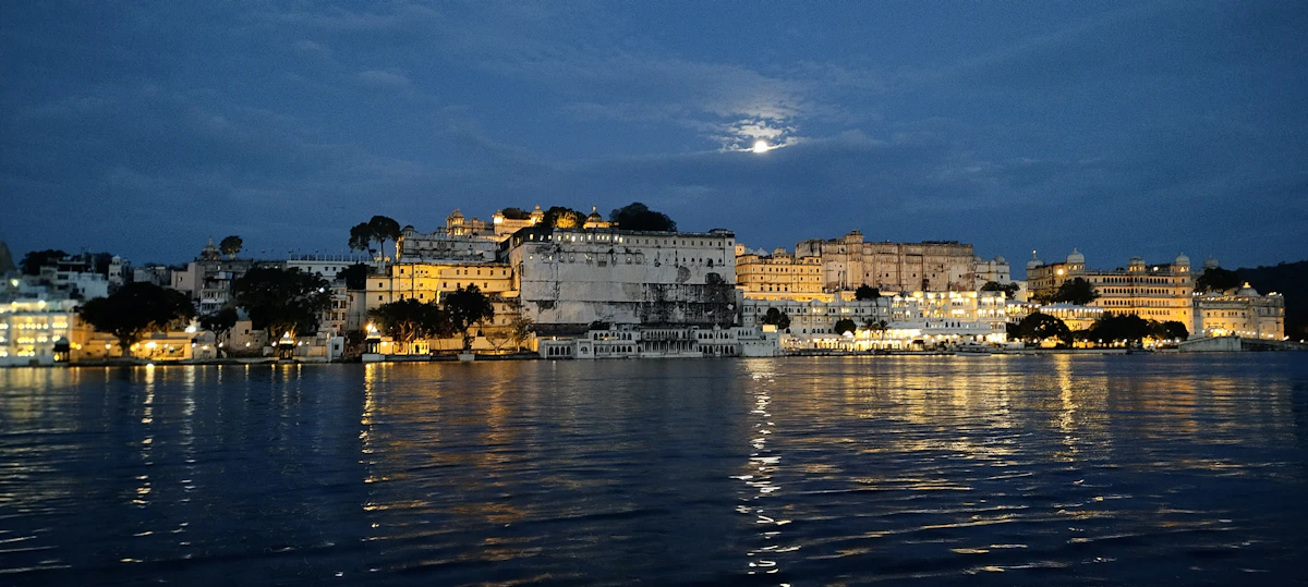The city lights reflected in the lake at night