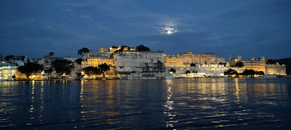 The city lights reflected in the lake at night