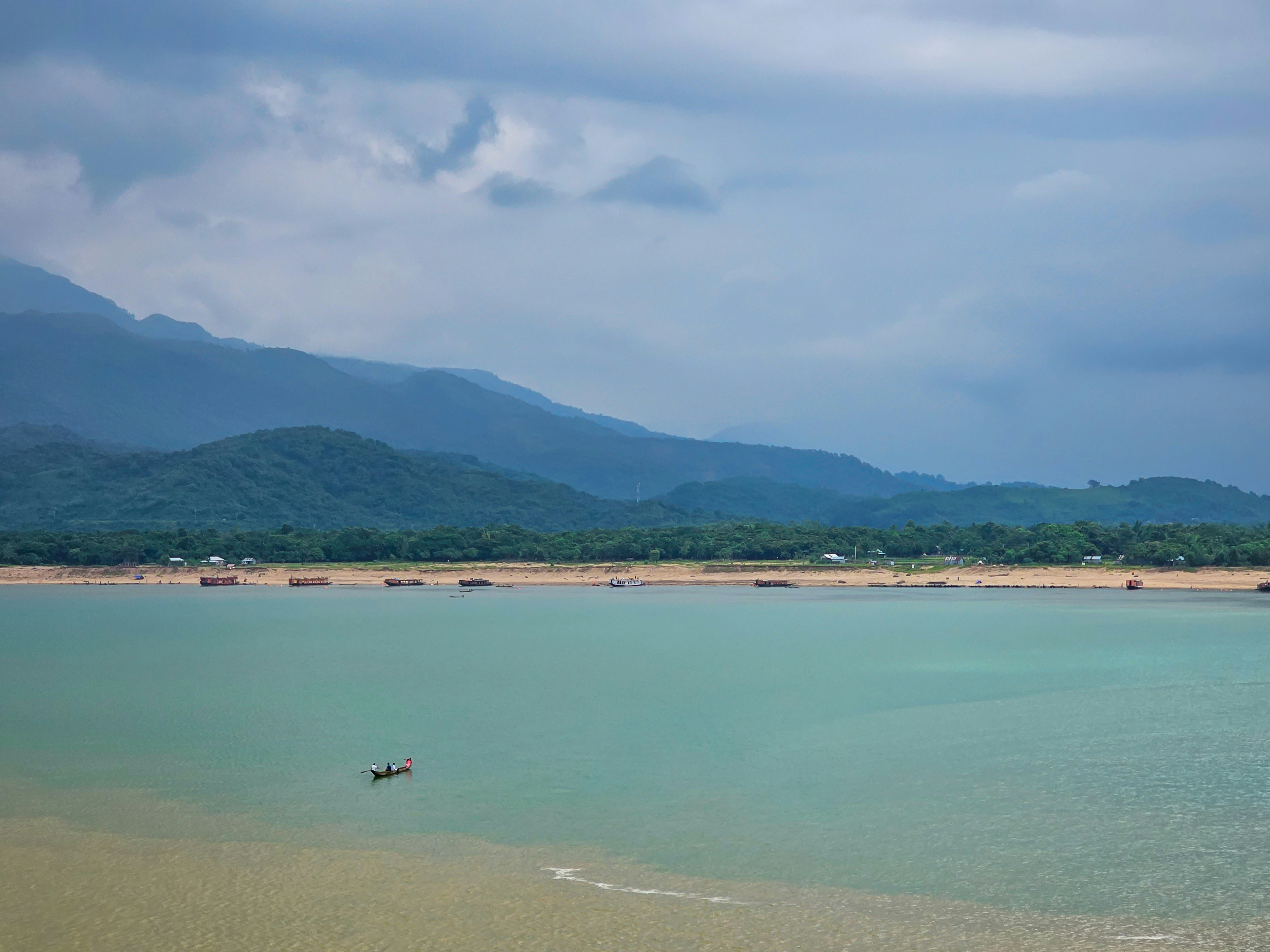Amazing hill view of the Meghalayan hill range from the Jadukata river near the India Bangladesh border with the magnificent river of Bangladesh in the front.