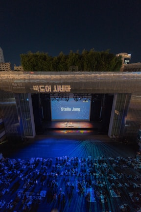 An open-air theater scene at night with a large screen displaying the name 'Stella Jang'. Rows of seats are filled with an audience watching the stage, which features a performer. Blue lighting casts patterns over the audience and stage, creating a dynamic visual effect. Trees and a few buildings are visible in the background, adding to the urban setting.