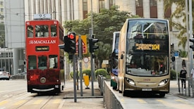 A red tram and a gold double-decker bus are seen on a city street. The tram displays the number 95 and the destination Happy Valley, while the bus displays the route 104 to Shek Kip Mei and Pak Tin Estate. Traffic lights and street signs are visible, and there are buildings and trees in the background.