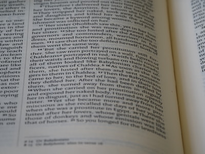 The image features a close-up view of an open book with text in English. The focus is on two main pages with text in a clear, serif font, showing paragraphs and numbered verses.