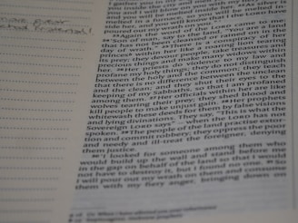 A close-up view of an open book with text on one page and a lined margin on the left side for notes. The text includes references to religious or biblical content, with some words highlighted or bolded. Handwritten notes are visible in the margin.