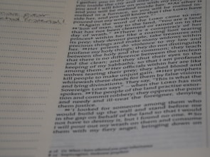 Close-up of an open Bible with handwritten notes in margin, warm tones