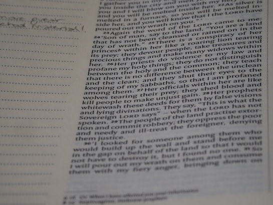 A close-up view of an open book with text on one page and a lined margin on the left side for notes. The text includes references to religious or biblical content, with some words highlighted or bolded. Handwritten notes are visible in the margin.