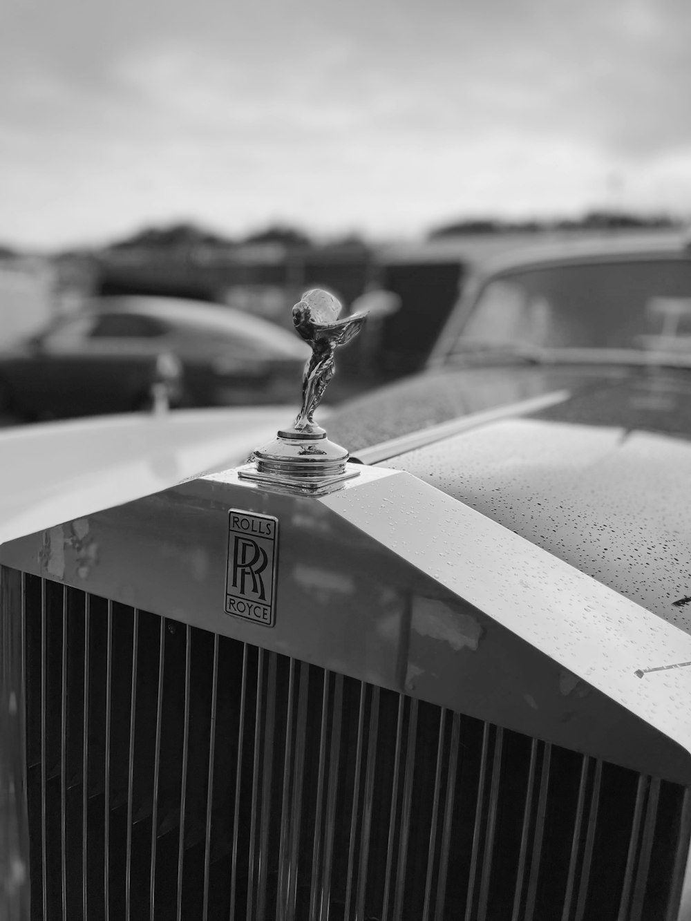 a black and white photo of a car hood ornament