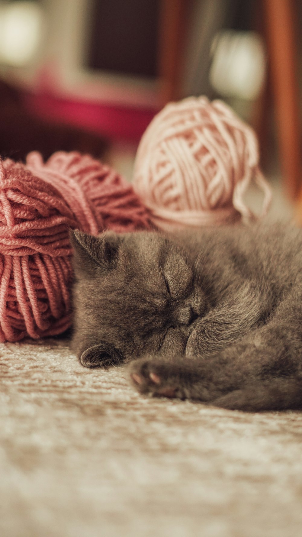 a cat sleeping on the floor next to balls of yarn