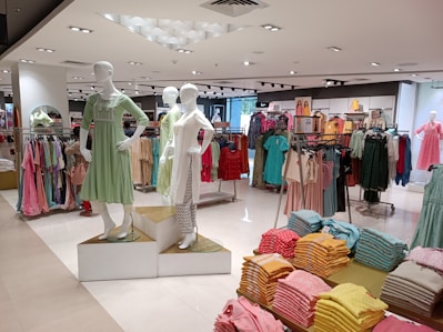 A colorful display of trendy casual clothing on mannequins in a sunlit room.