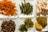 Six plates are arranged in a grid, each containing a different type of food. The top left plate has shredded orange carrots, the top middle features cooked green beans, and the top right holds strips of cooked chicken. The bottom left showcases sliced mushrooms, the bottom middle contains sliced green bell peppers, and the bottom right has a portion of green peas and sweet corn kernels.