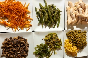 Six plates are arranged in a grid, each containing a different type of food. The top left plate has shredded orange carrots, the top middle features cooked green beans, and the top right holds strips of cooked chicken. The bottom left showcases sliced mushrooms, the bottom middle contains sliced green bell peppers, and the bottom right has a portion of green peas and sweet corn kernels.