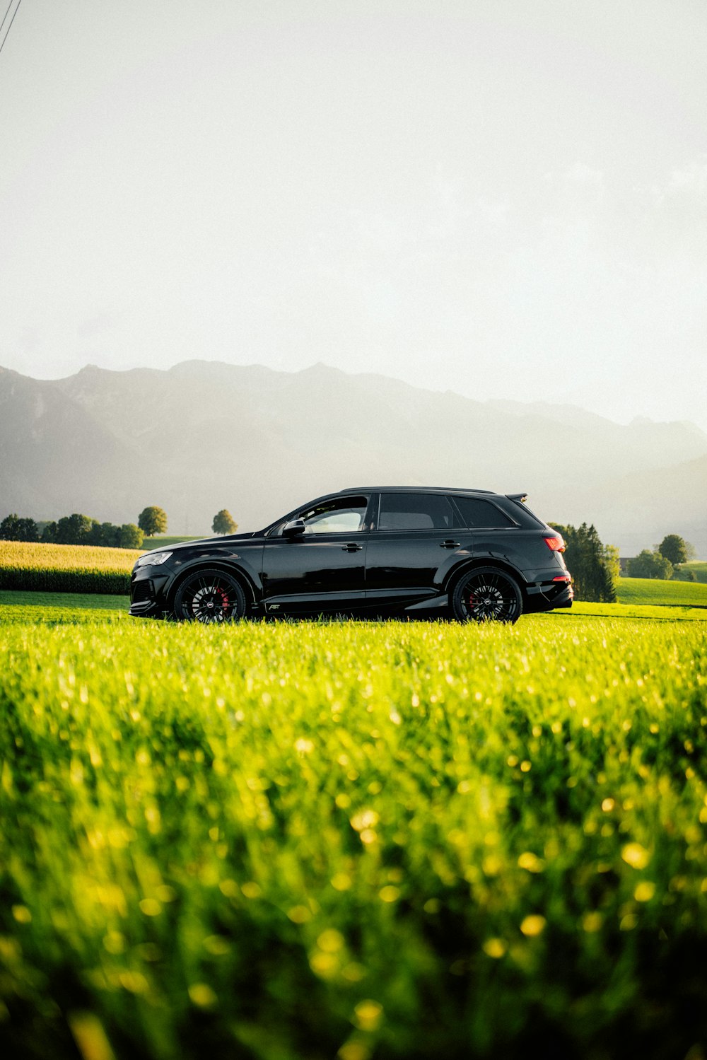 a black suv parked in a field of green grass