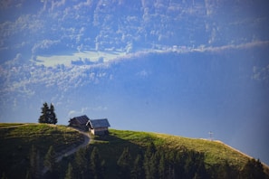 A wooden cabin sits on a grassy hilltop surrounded by lush greenery and dense forest. The landscape extends into the background, revealing a vast valley with a soft blue mist hovering over distant mountains. A narrow path leads to the cabin, and a solitary cross is visible nearby.