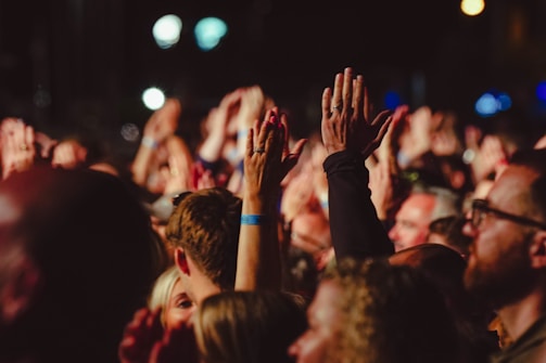 Hands raised at an outdoor music event, united by rhythm.