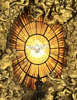 A serene stained glass window depicting a peaceful dove descending, bathed in warm sunlight.