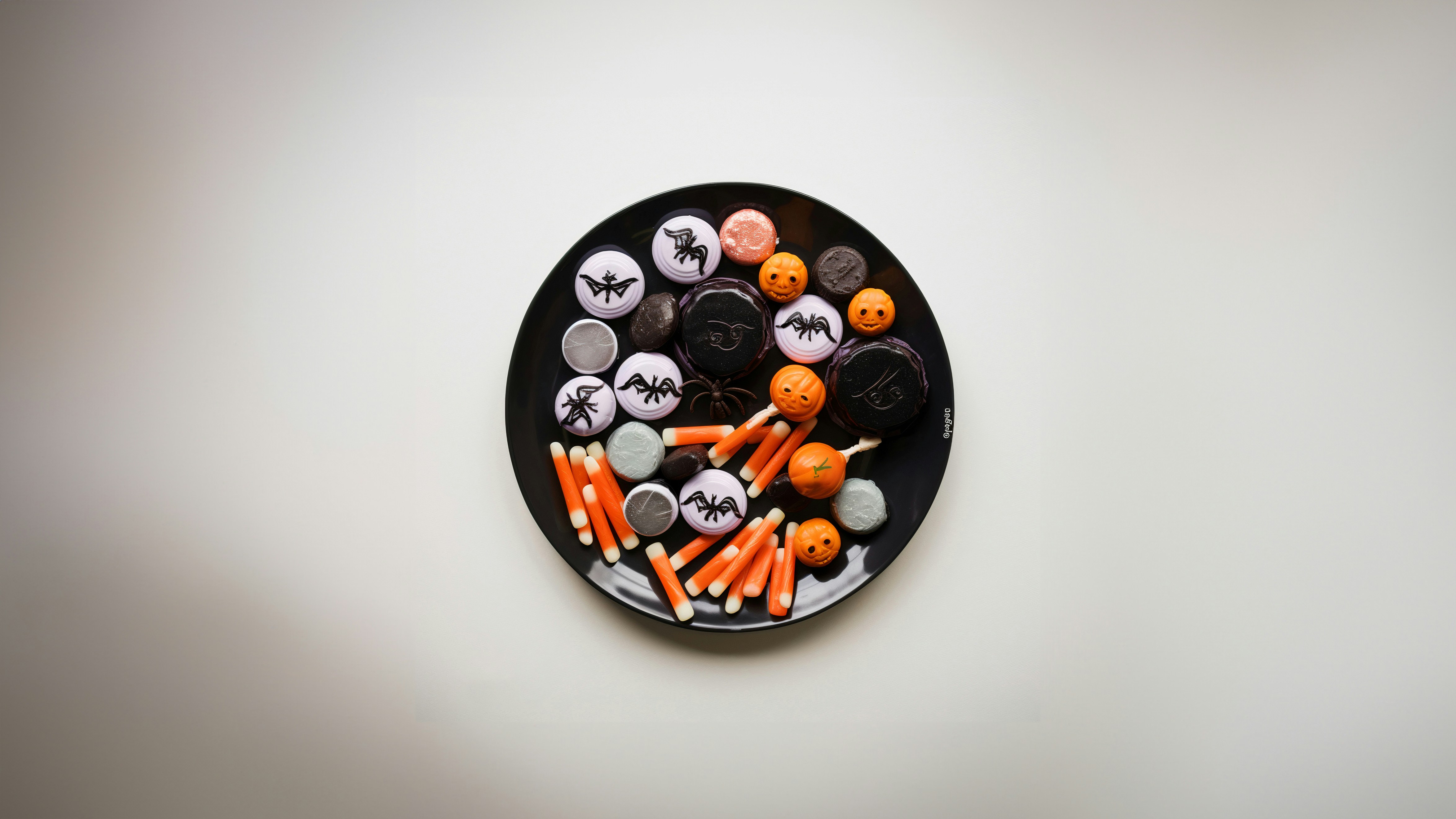 a black plate with halloween decorations on it