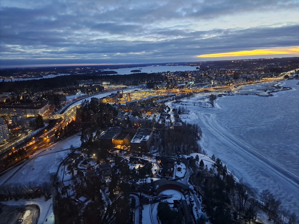 an aerial view of a city at night