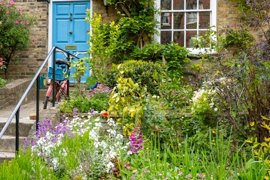 A quaint garden filled with vibrant flowers and lush green plants lines the path to a house with a rustic brick facade. A bicycle is parked near the steps leading up to a bright blue door, complementing the colorful and inviting atmosphere.