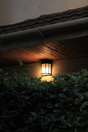 An outdoor wall lantern emits a warm glow, partially obscured by a hedge. The light is mounted on a textured surface under a wooden ceiling with roofing tiles above.