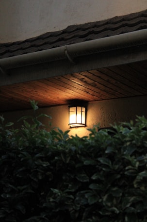 An outdoor wall lantern emits a warm glow, partially obscured by a hedge. The light is mounted on a textured surface under a wooden ceiling with roofing tiles above.