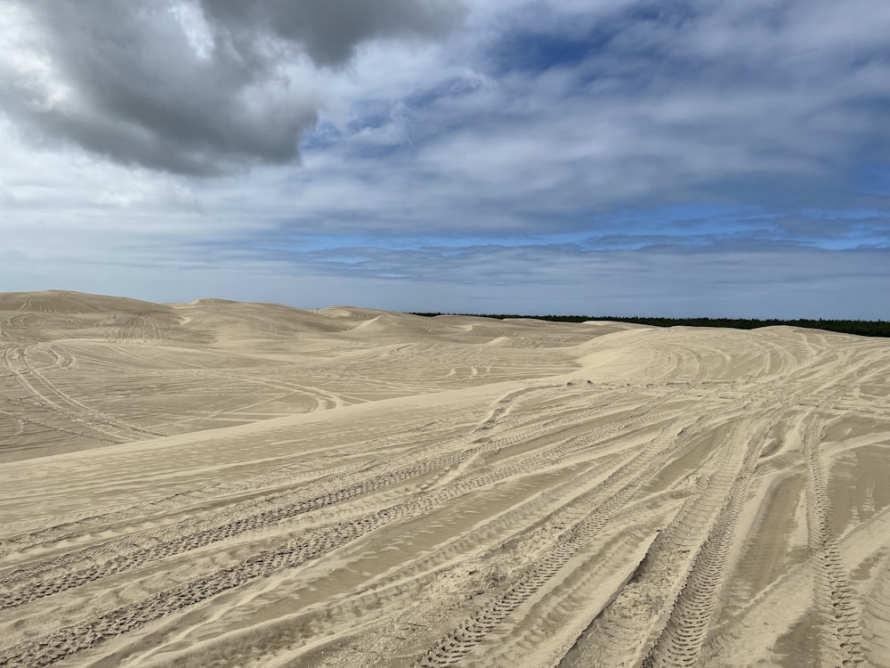 a large sandy field with tracks in the sand
