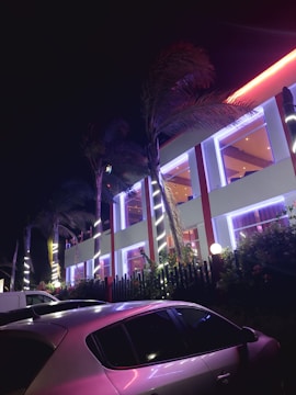 A modern building illuminated with bright neon lights in shades of purple, pink, and blue. There are large glass windows on the building with visible indoor lighting. The building is flanked by tall palm trees, and several parked cars are visible in the foreground.