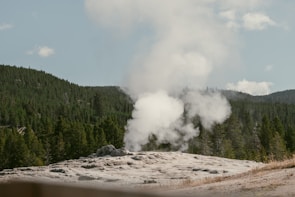 A geyser is erupting amidst a natural landscape dominated by green forests and distant mountains. There are plumes of steam rising from the rocky area of the geyser under a partly cloudy sky.