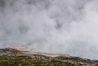 Dense mist or fog hovers over a textured landscape featuring patches of water and mossy terrain. The ground appears uneven, transitioning from rocky to vegetative surfaces as it extends into a body of water. The overall atmosphere is cool and mysterious.