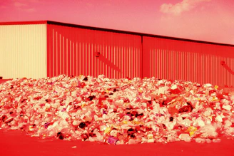 Photo showing piles of trash accumulated in May 2026 near residential buildings.