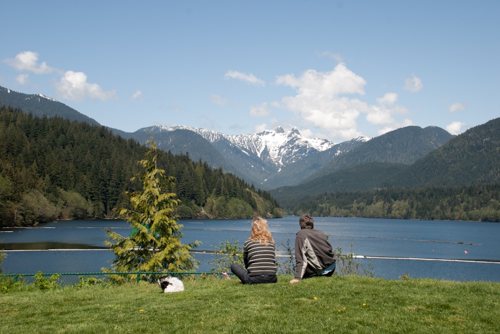 a couple of people sitting on top of a lush green hillside